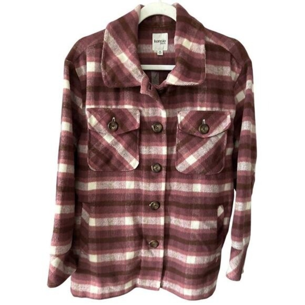 Kensie Jeans Plaid Shacket Womens Small Cabincore Mauve Brown Cream Shirt Jacket